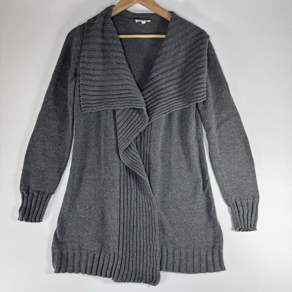 Eileen Fisher XS Gray Organic Cotton Open Front Cardigan Sweater Ribbed - Picture 1 of 12